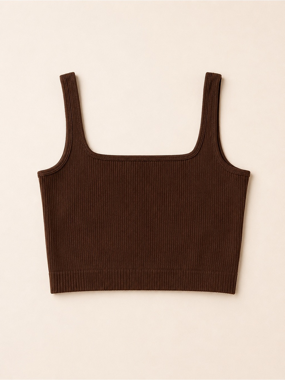 Ribbed Square-Neck Crop Tank Top - Brown